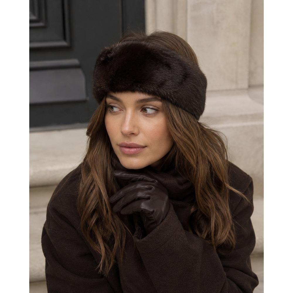Vintage Genuine Fur Headband Dark Brown Mink Style Adjustable Winter Ear Warmer